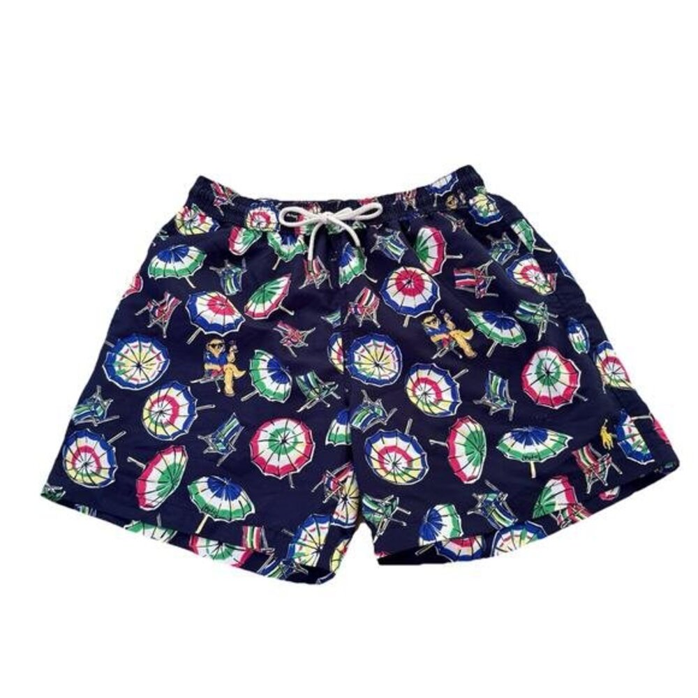 Polo Ralph Lauren Bears & Umbrellas Swim Trunks Shorts M Navy Lined Pocket FLAW